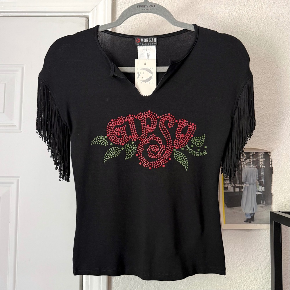 NWT MORGAN DE TOI deadstock y2k vintage rose rhinestone baby fringe tee top
